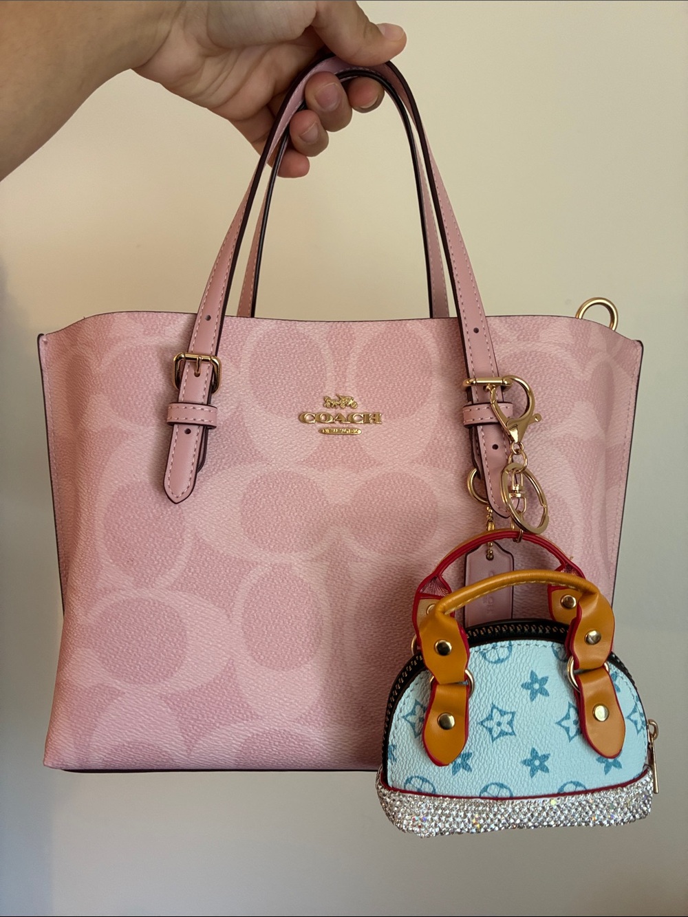 Mini Blue Monogram Handbag Charm with Rhinestone Trim